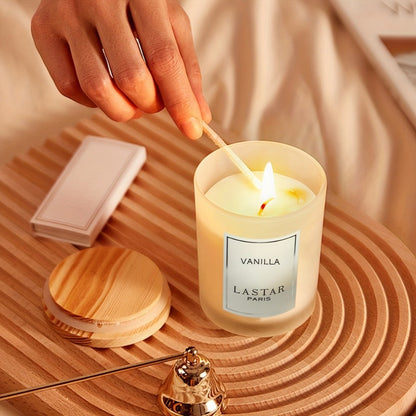 LASTAR Vanilla Scented Candle, 70g Frosted Round Glass Jar with 2.4 oz Marking and Pictured Carton