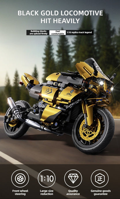 1000PCS Motorcycle Building Blocks 1:10 Scale DIY Black & Gold Motorbike Model Kit – Adult Collector Display Ornament