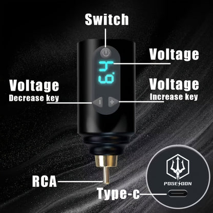 Tattoo Machine Kit POSEIDON TU12 Wireless Pen with 1500mAh Battery, USB-C, 20 Cartridges and Practice Skin