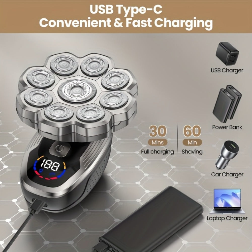 Electric Shaver 7D or 9D Rotary Head with Titanium Blades, LED Display, USB-C Charging and Set Options