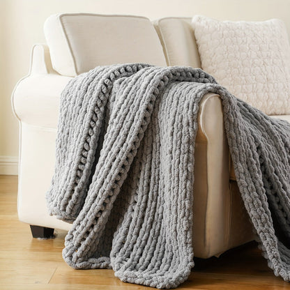 Chunky Chenille Cable Knit Throw Blanket, 350-400gsm Crochet Throw for Sofa, Bed & Couch, Vintage Patchwork