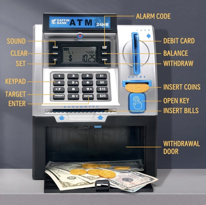 Electronic Money Bank for Kids with Debit Card & Cash Scanning, Digital ATM Piggy Bank with Coin & Bill Slot