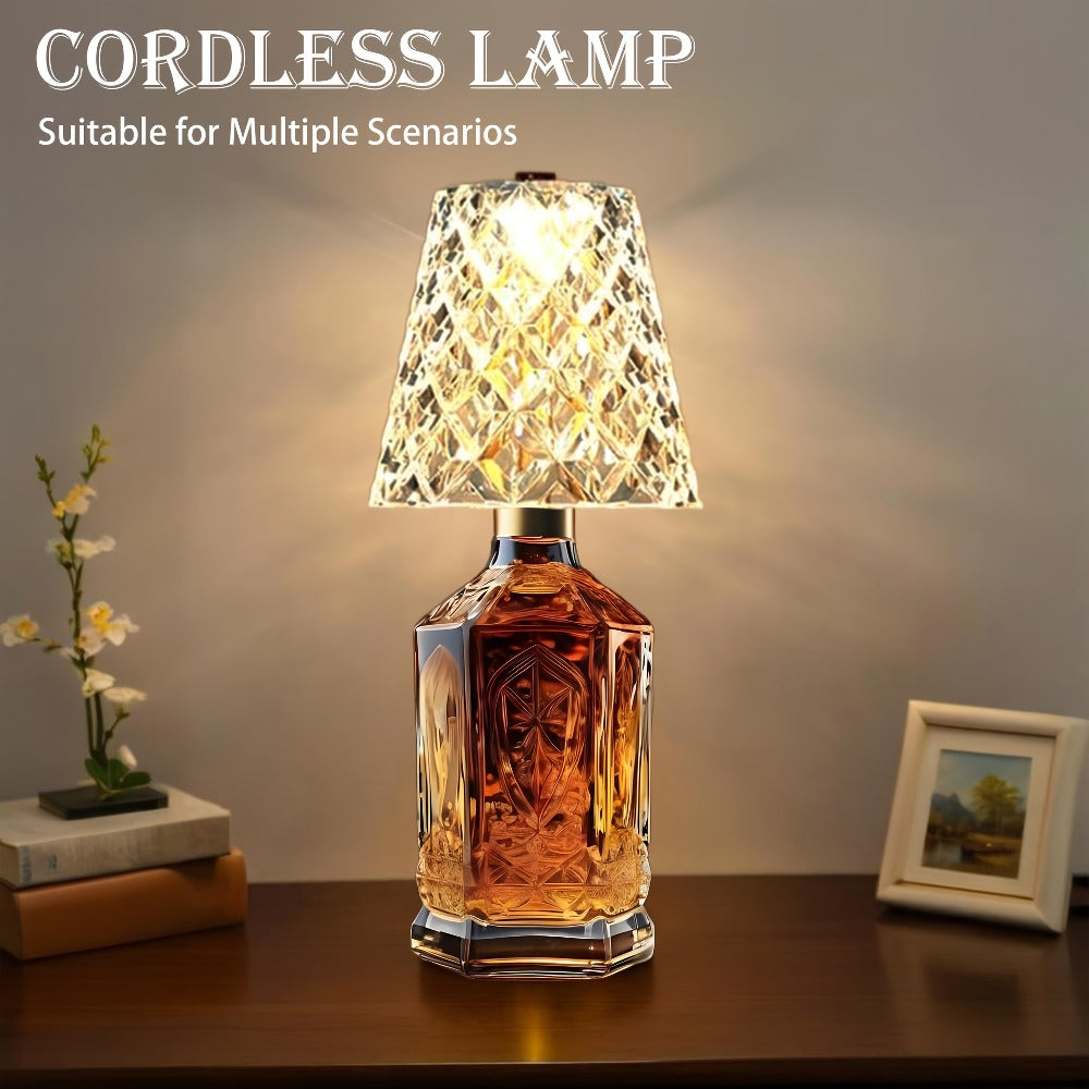 Table Lamp for Wine Bottles with Acrylic Crystal Shade, 2000mAh Battery, Three Colors and One or Two-Pack Options