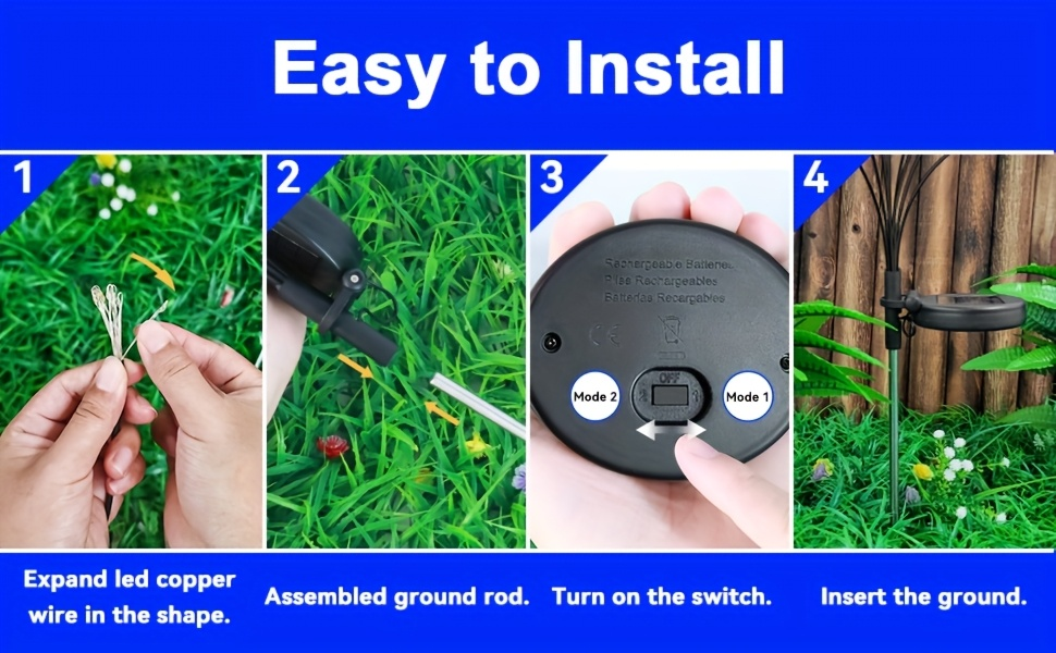 Solar Garden Lights 4-Pack Swaying Firework Stakes with Two Modes and Six Colors for Flowerbed Decor