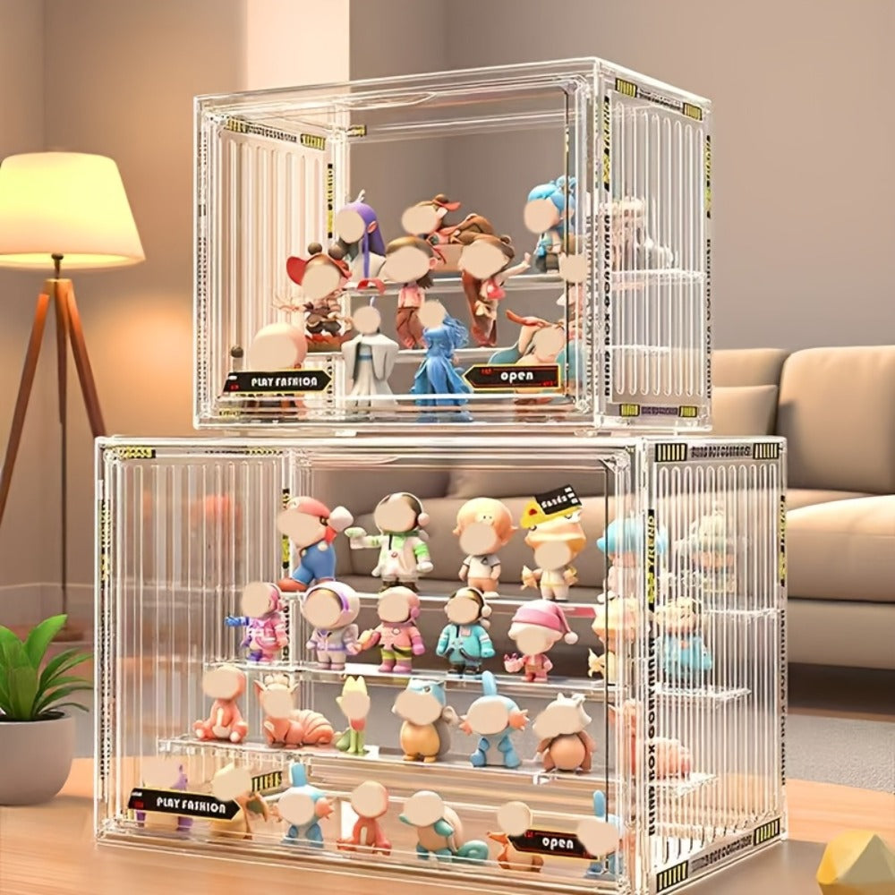 Acrylic Display Case for Figures 3 & 4 Tiers with Adjustable Dividers – Clear Dust-Proof Showcase Box with Magnetic Door for Collectibles