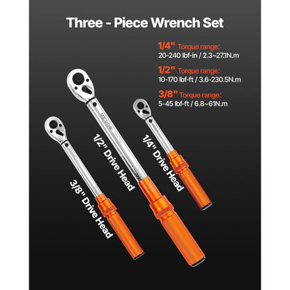 Click Torque Wrench Set 3-Piece – 1/4 3/8 1/2 Inch Drive, Dual-Direction 72-Tooth Reversible Ratchet, ±3% Accuracy with Calibration