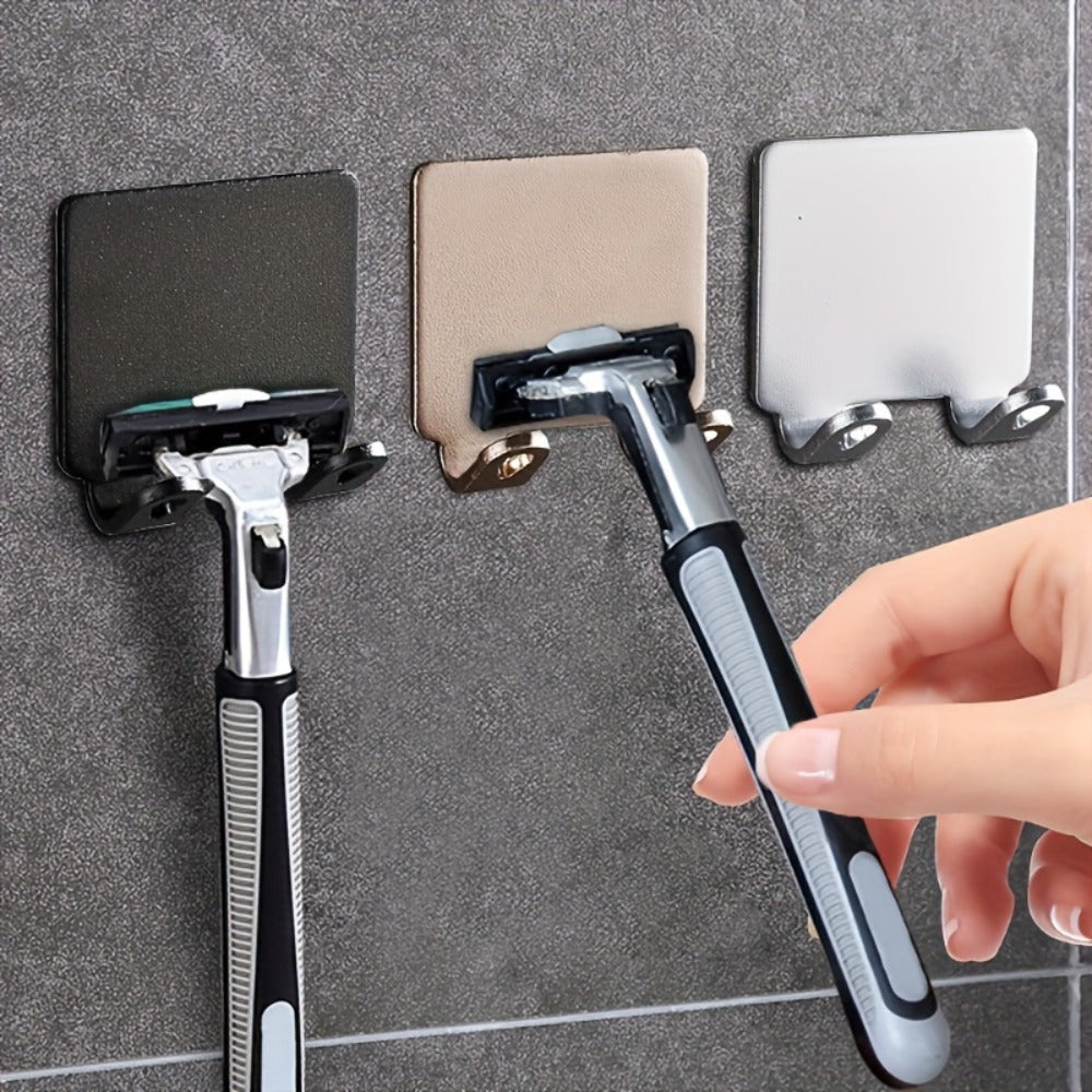 Wall-Mounted Razor Holder 5-Piece Set with Twin Hooks, Adhesive Backing and Silver or Black Options