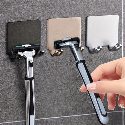 Wall-Mounted Razor Holder 5-Piece Set with Twin Hooks, Adhesive Backing and Silver or Black Options