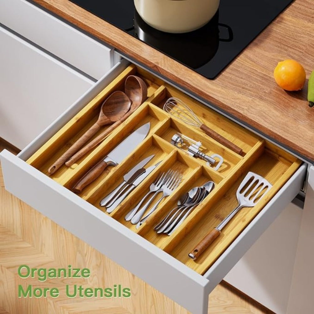 Bamboo Drawer Organizer Expandable Adjustable 9-Compartment Silverware Tray Cutlery Utensil Holder for Kitchen Drawer Office Desk Bedroom