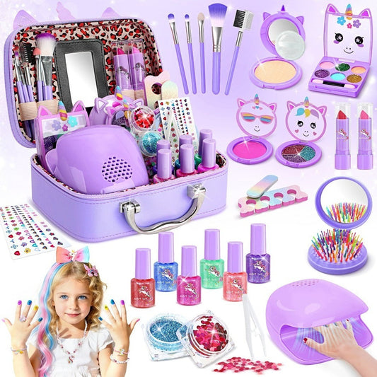 Kids Makeup Set for Girls, 2-in-1 Princess Makeup & Nail Art Kit, Pretend Play Cosmetics with Nail Polish