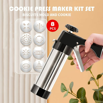 Cookie Press Set 8 Piece Stainless Steel Manual Churro Maker Flower Cookie Mold Baking Tool for Entryways, Bedrooms and Living Spaces