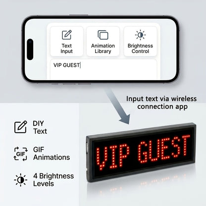 Programmable LED Badge Bluetooth App Controlled, Rechargeable Scrolling Text & Logo Display, 48x12 Pixel LED Name Tag for Events