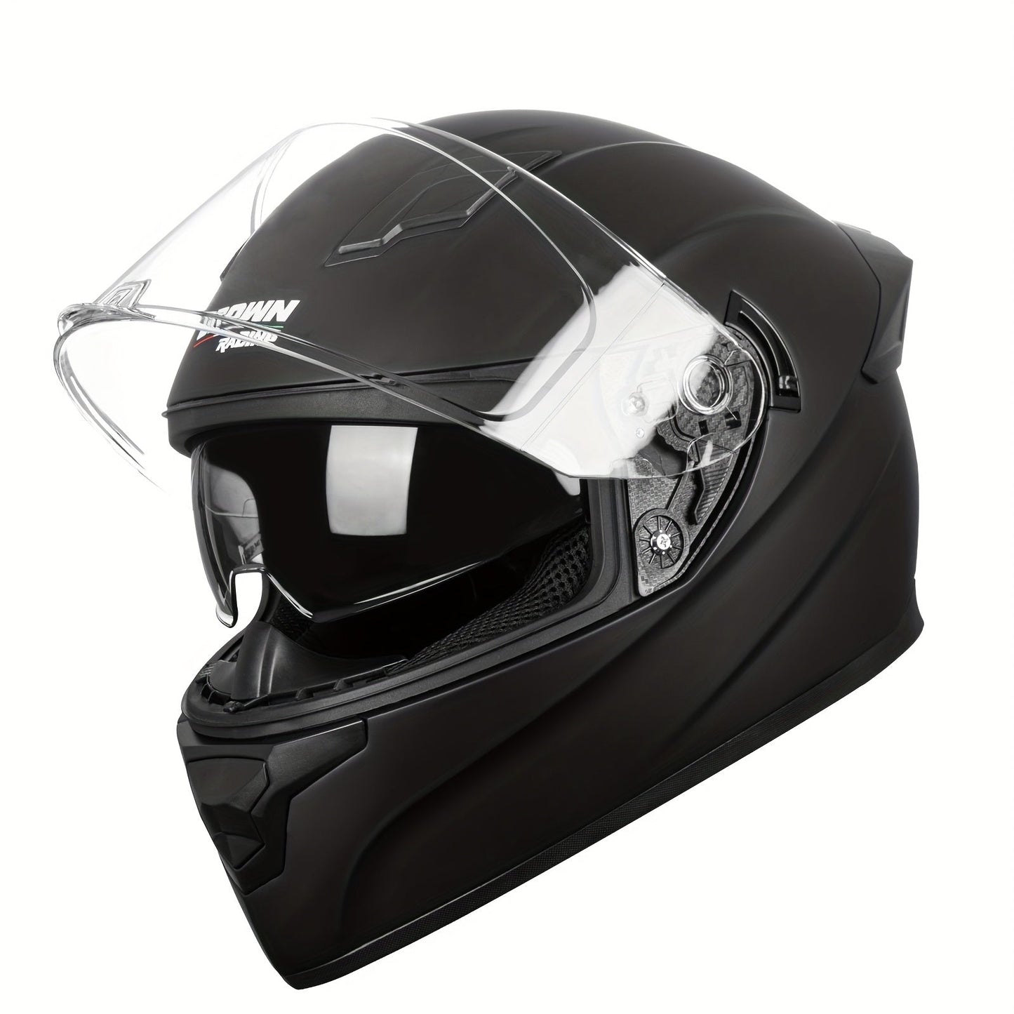 Motorcycle Helmet Crown Racing Full-Face Black Shell with Clear and Tinted Shields, M-XL Sizes and Padded Interior