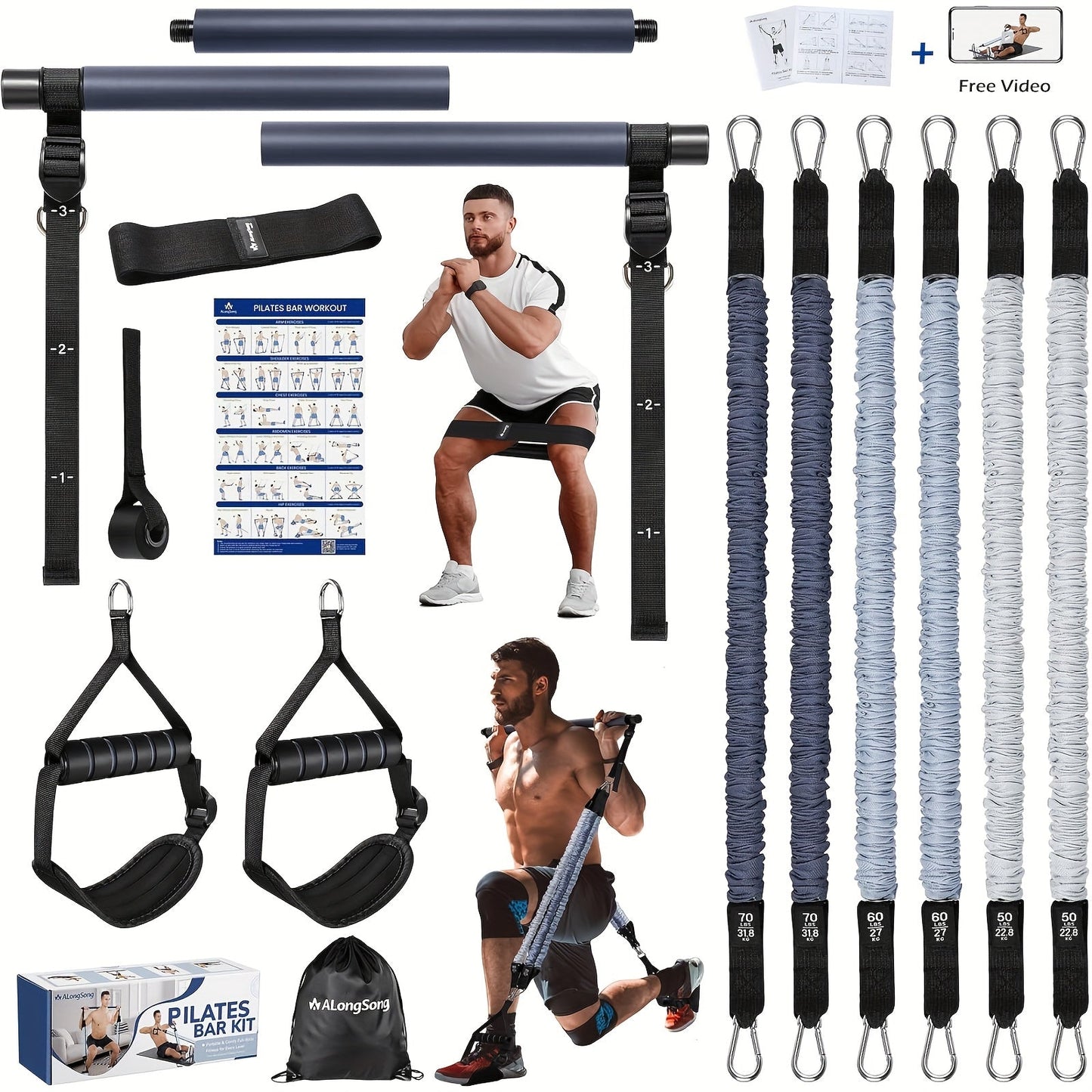 Natural Latex Pilates Bar Kit with Resistance Bands 20-360 lbs – Stainless Steel Handle, Adjustable Length for 5'3"-6'2"
