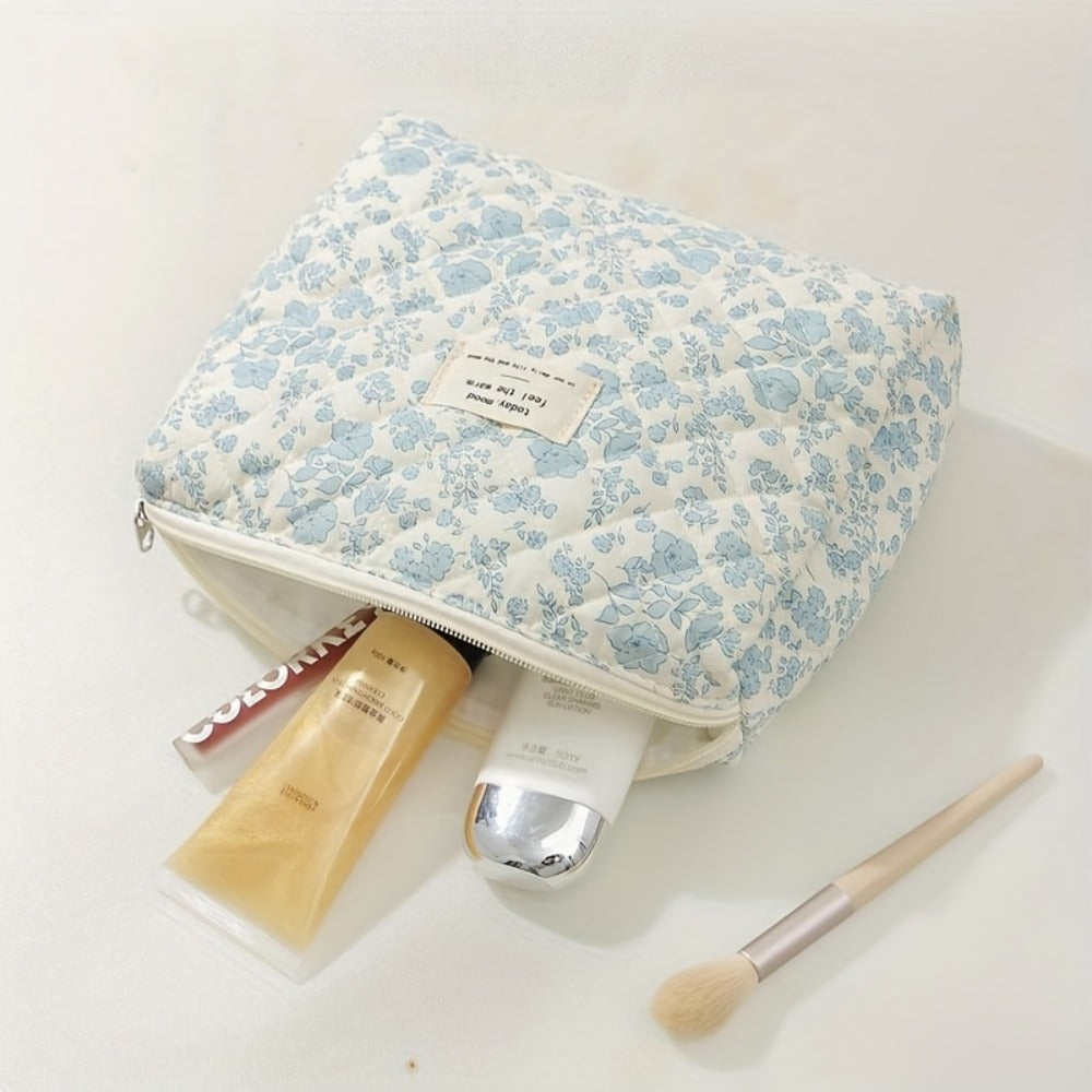 Quilted Makeup Bag Set 3 Pcs Floral Pattern Large Capacity Travel Cosmetic Organizer with Gold Zipper – Polyester Skincare Toiletry Pouch