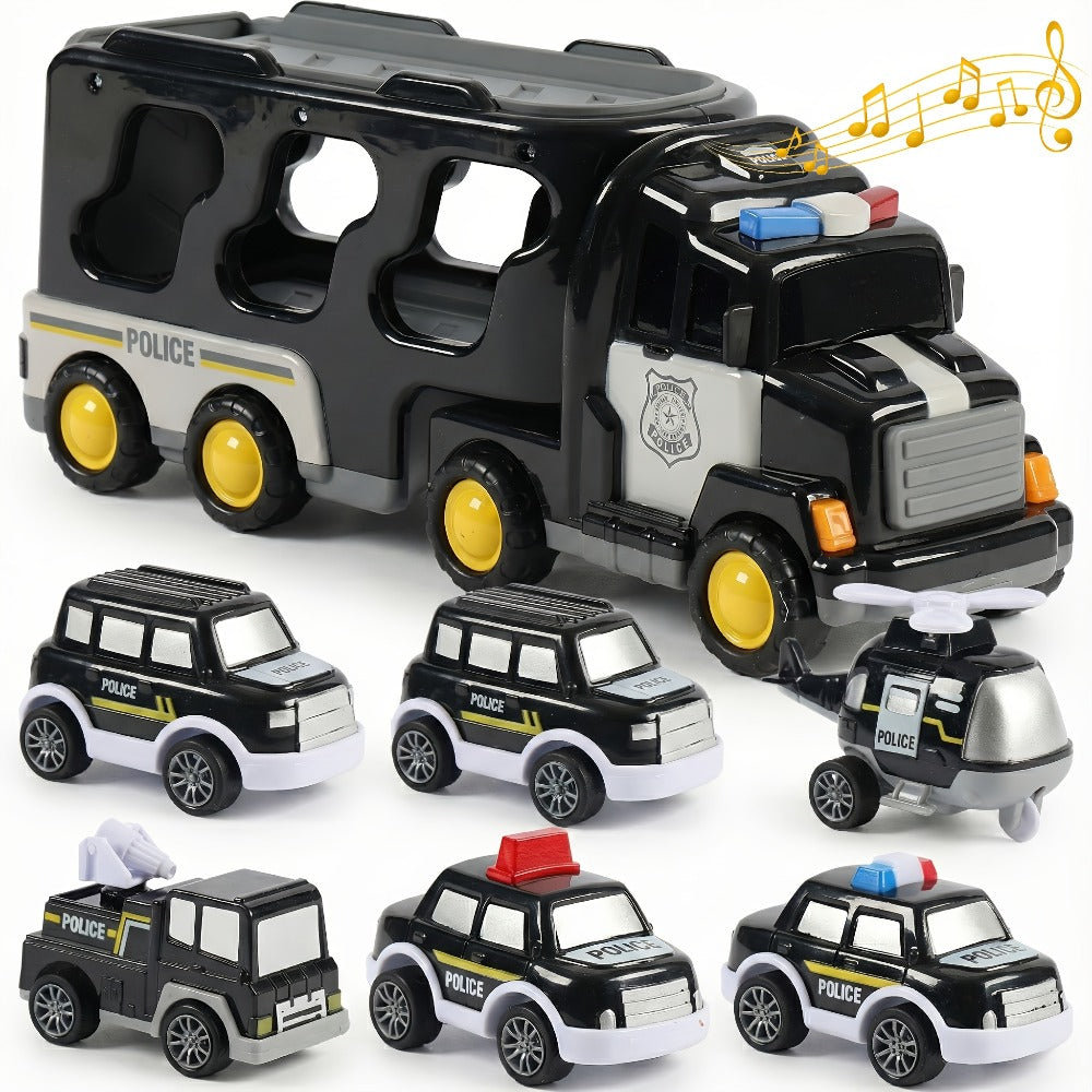 7-in-1 Kids Car Toy Set 7pcs with Playmat, Large Vehicle + 6 Mini Cars Ambulance Police Fire Truck Engineering