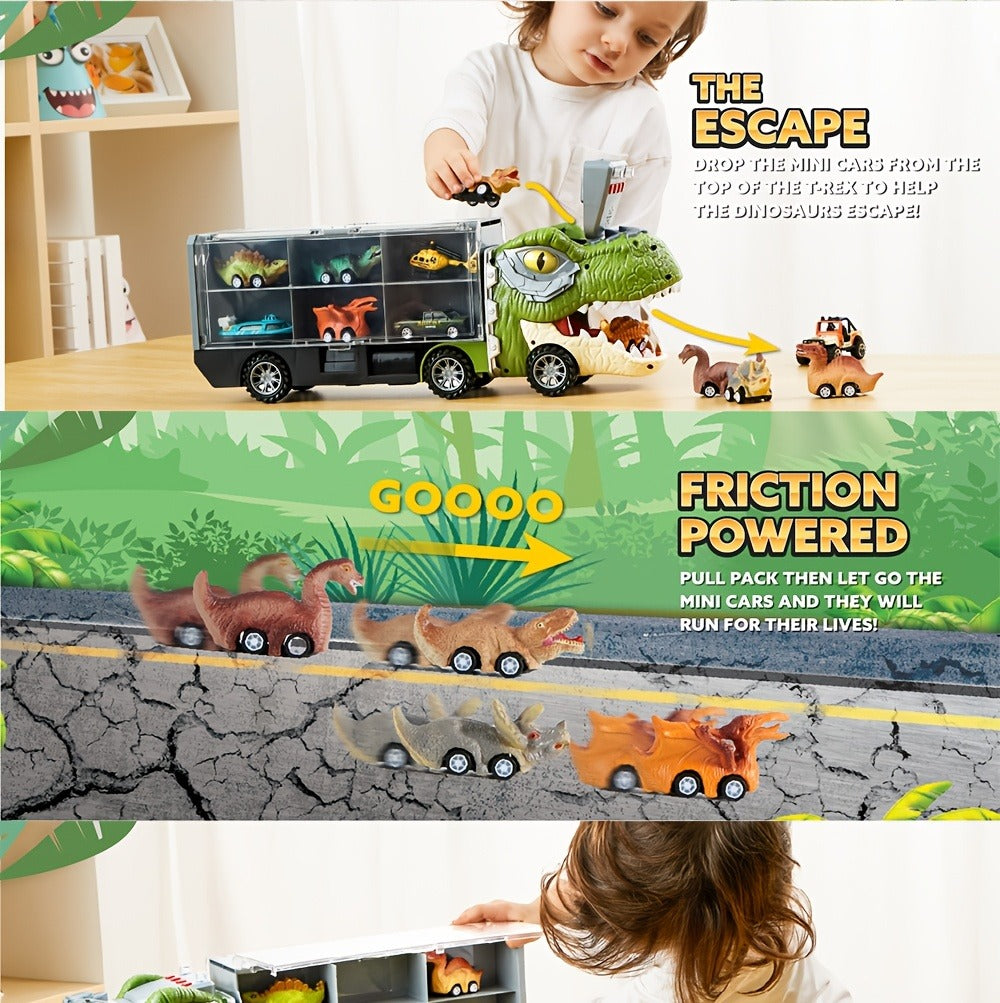 Dinosaur Truck Toy Set 13 PCS, Transport Carrier Truck with Lights & Sounds + 8 Pull-Back Cars + 3 Die-Cast Dino Vehicles + Helicopter