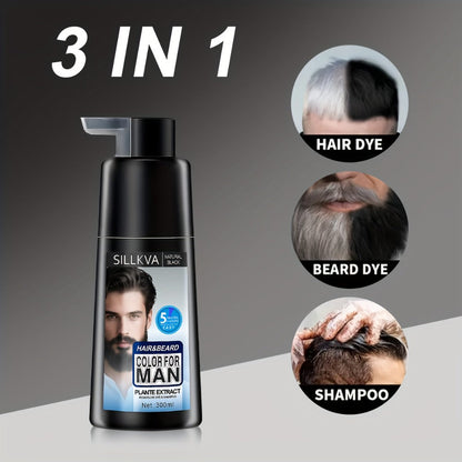 Men's 3-in-1 Black Hair & Beard Dye Shampoo, 8-Minute Gray Coverage, Ammonia-Free Natural Color