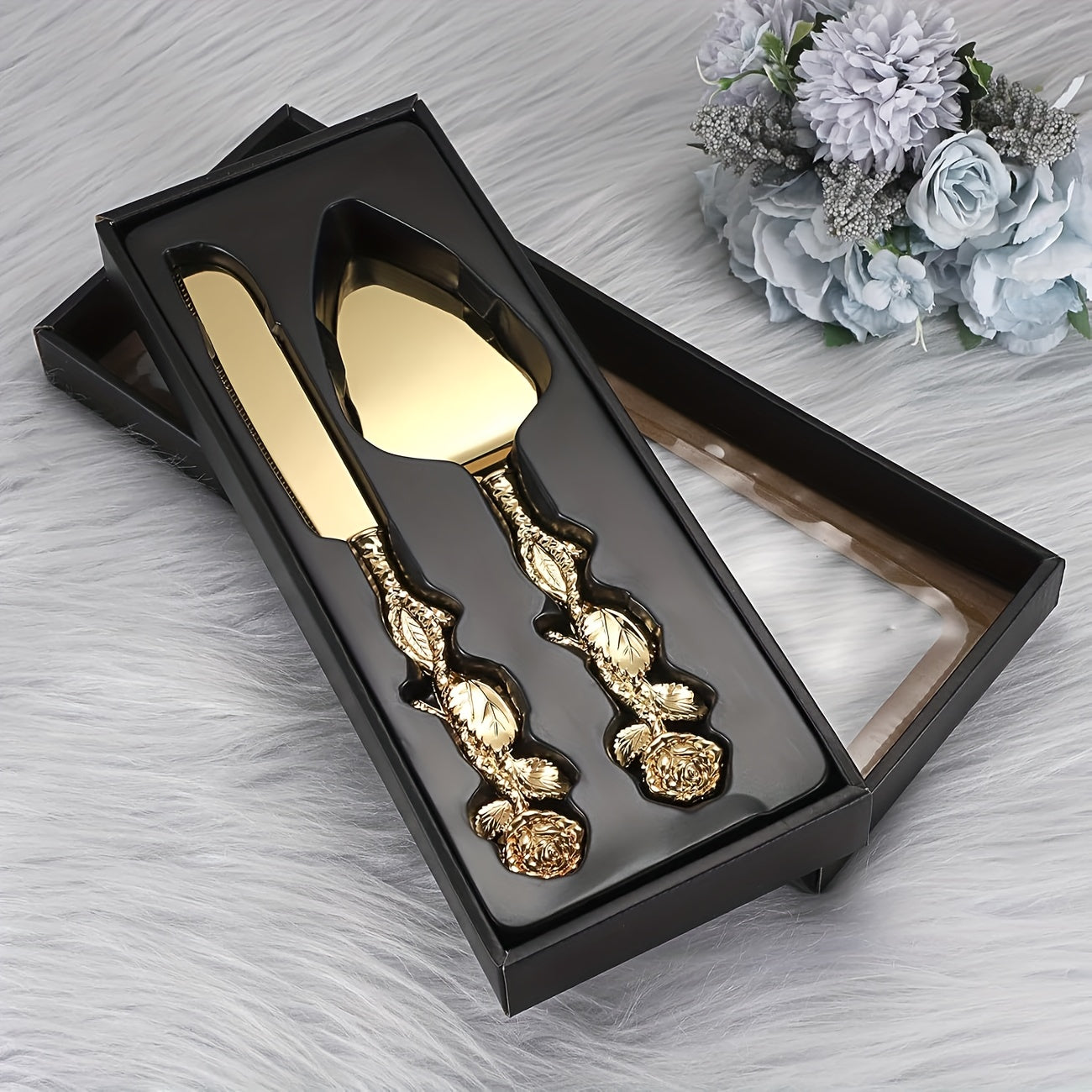 Cake Knife and Spatula Set with Rose Handle, Silver-Plated Dessert Server Gift Box Set for Wedding