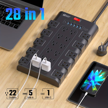 Surge Protector Power Strip 28-in-1 with 22 Spacious AC Outlets USB-C PD 45W 2100 Joules Flat for an Everyday Personal Care Routine