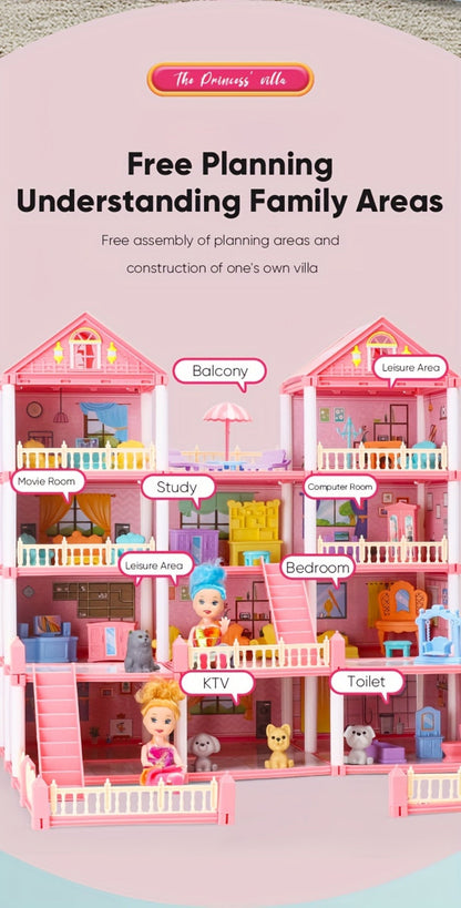 Princess Doll House Castle with Furniture & Accessories, Pink or Blue Mini Villa Playset 14 to 27 Rooms