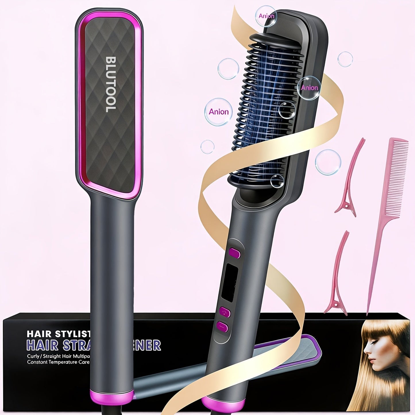 Heated Straightening Brush with Display in White, Grey, Champagne or Purple and Accessory Set