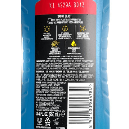 Three-Pack AXE Sport Blast Body Wash with 250ml Blue Flip-Cap Bottles and Matching Front Labels