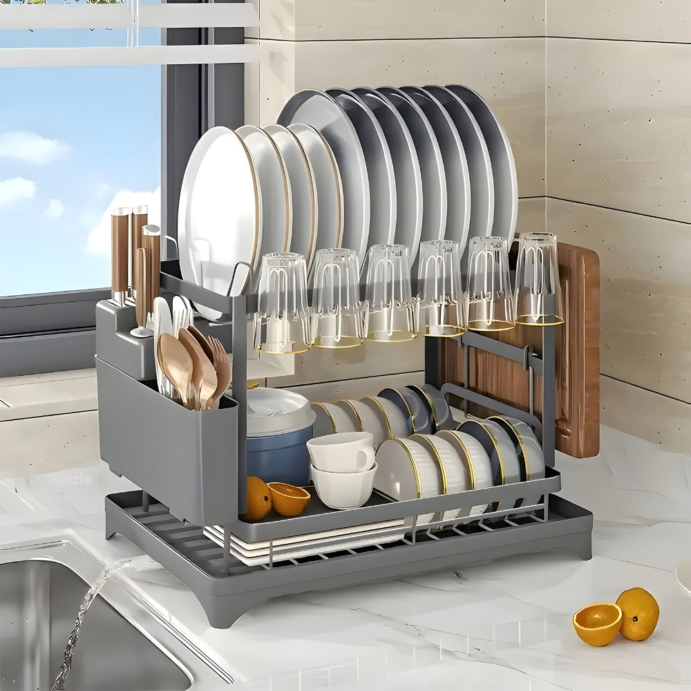 Dish Drying Rack with Drainboard in Gray, White, Black, Single-Layer and Seven-Cup Configurations