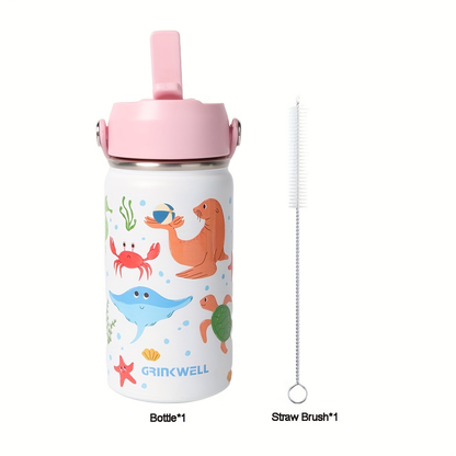 Insulated Stainless Steel Water Cup with Straw | 12oz 340ml, 3D Cartoon Pattern, Double Wall, Handle & Straw Brush – Travel
