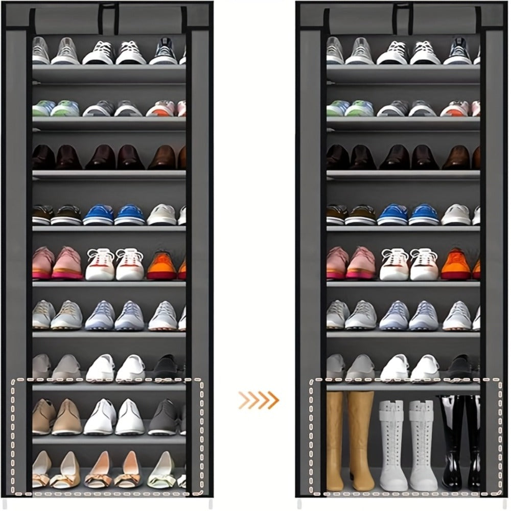 Shoe Rack 10-Tier Gray Portable Organizer for Up to 50 Pairs with Nonwoven Cover and Steel Frame