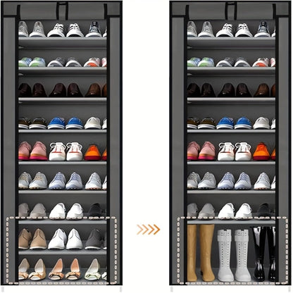 Shoe Rack 10-Tier Gray Portable Organizer for Up to 50 Pairs with Nonwoven Cover and Steel Frame