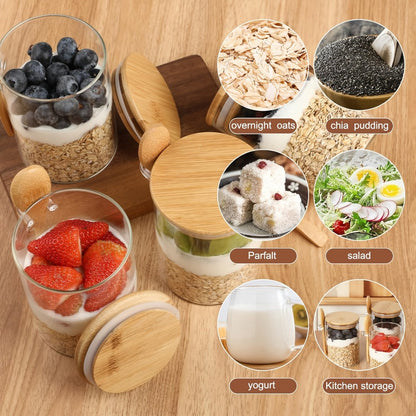 Overnight Oats Jar Set, 16oz Glass Containers with Lids and Spoons in 4-Piece or 8-Piece Options
