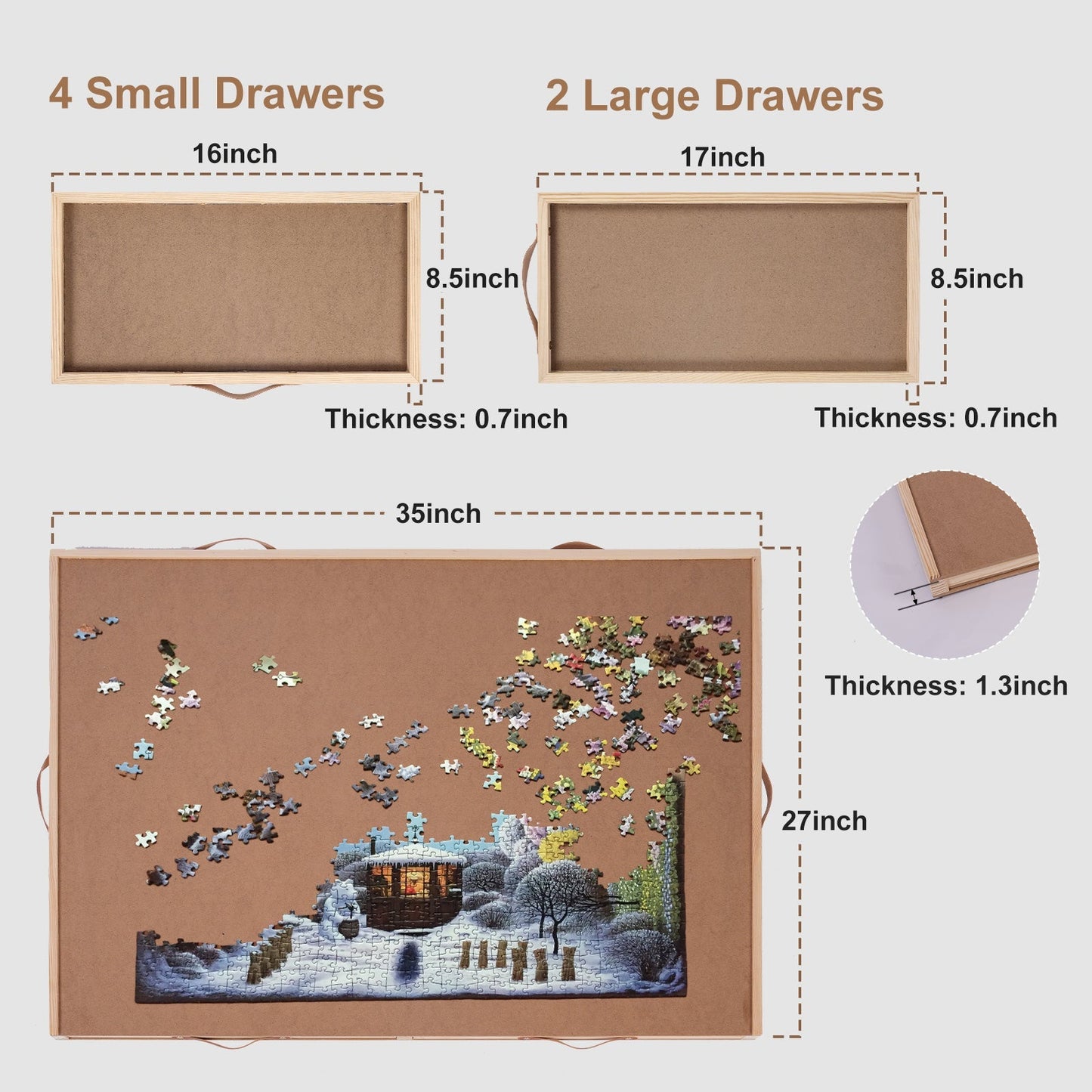 Jigsaw Puzzle Table 35"x27" with 360° Rotating Turntable & Easy-Pull Handle Drawers – Large Puzzle Board Organizer with Dust Cover for 1500