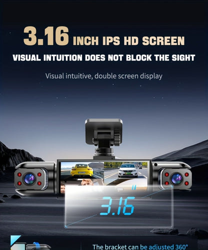 360° Panoramic Dash Cam 3 & 4 Lens 1080P HD Front + 720P Rear Left Right, Quad-Split Screen, HD Night Vision WDR G-Sensor Loop Recording