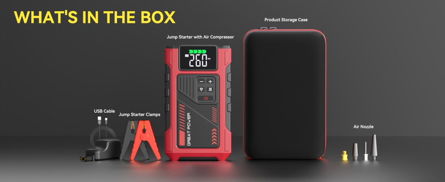 Jump Starter with Air Compressor 5000A Peak 150PSI Tire Inflator 5-in-1 Portable Car Battery Jump Pack for Garden, Patio and Yard Use