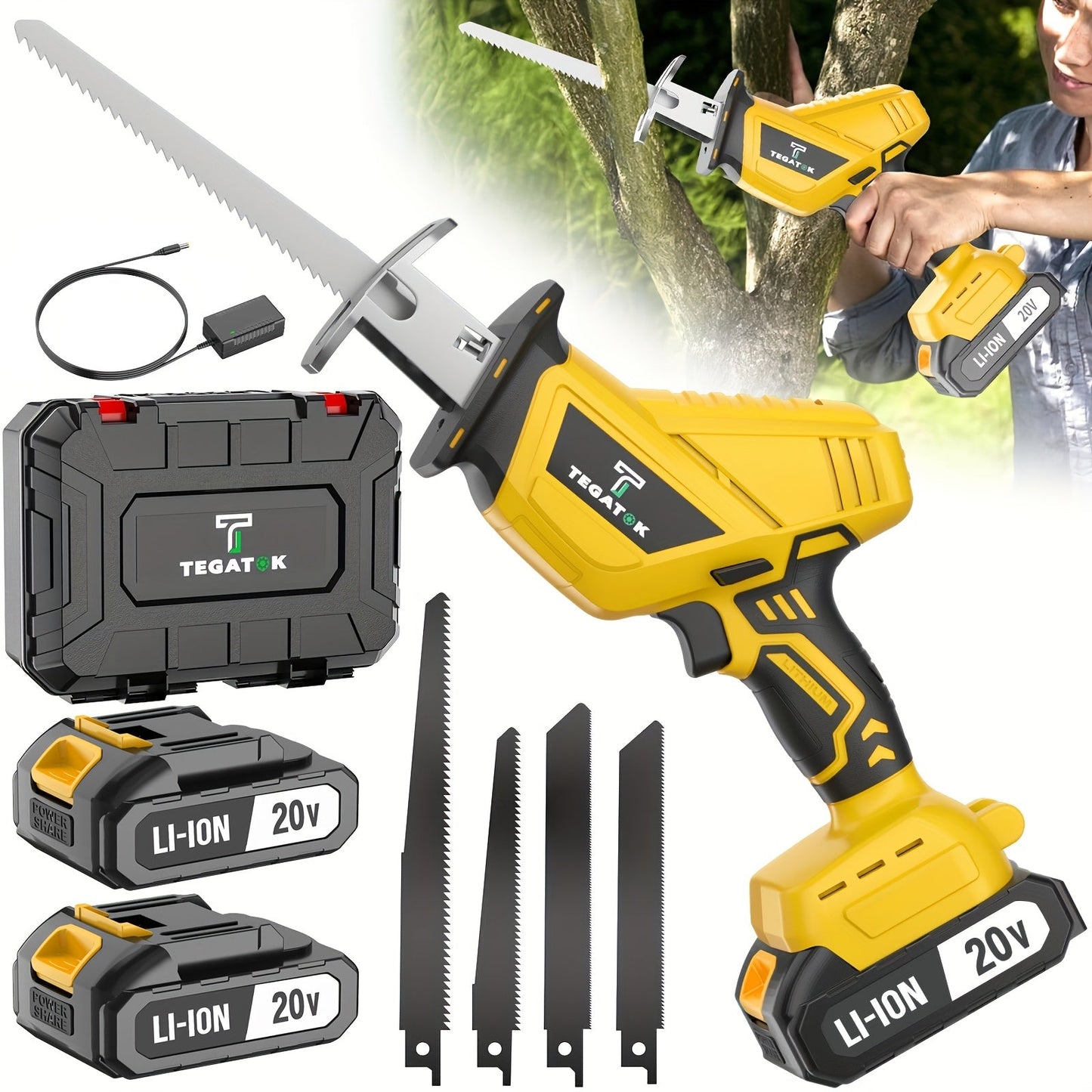 Electric Reciprocating Saw Cordless with LED Light & Safety Lock, Multi-Purpose Cutting Tool with Replaceable Blades