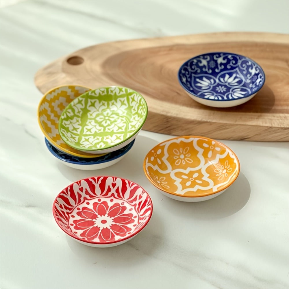 Ceramic Condiment Dish Set of 10, Bohemian Small Saucer Dipping Bowls for Soy Sauce, Vinegar & Spices