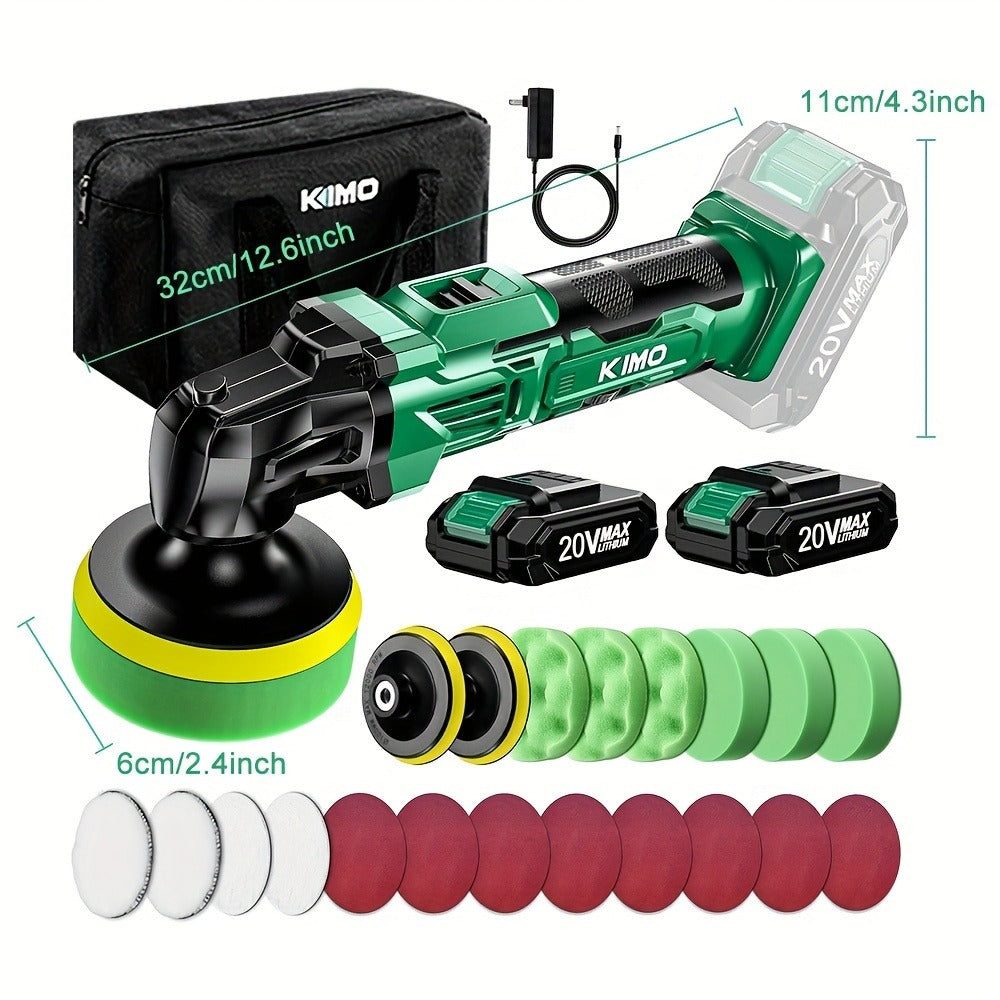KIMO-Labeled 20V Cordless Rotary Buffer Polisher Kit with Six Speeds, Two 2.0Ah Batteries and Pictured Pads