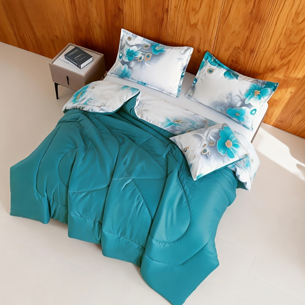 Botanical Floral Comforter and Pillowcase Set in Pink, Cyan or Lake Blue with Twin, Queen and King Sizes
