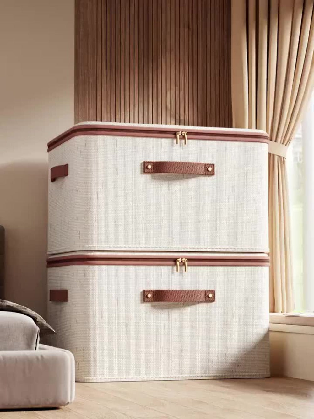 Foldable Storage Boxes with Lids 2-Pack, Large Linen Storage Baskets with Double Zippers & Leather Handles
