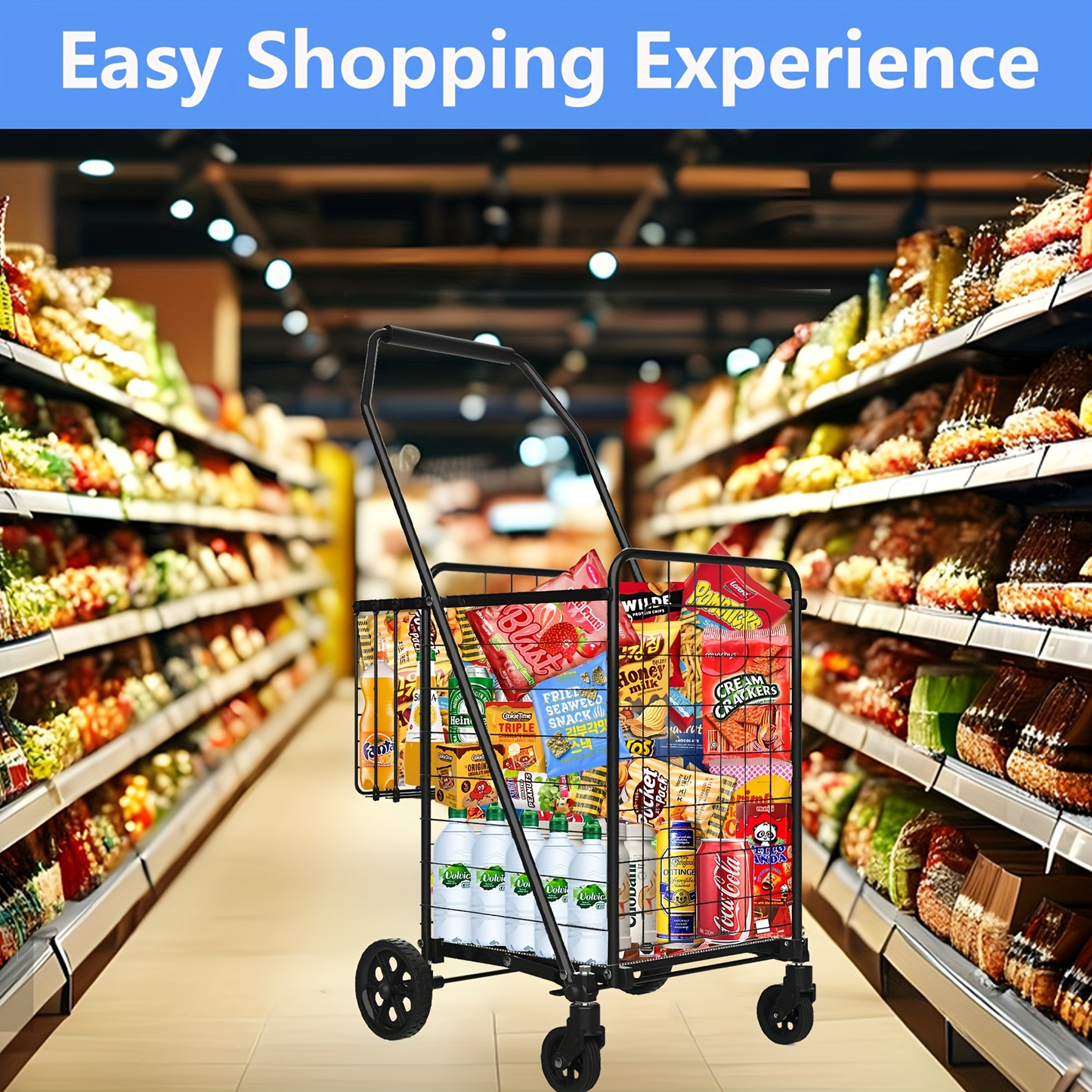 Folding Grocery Cart on Wheels, Double Basket Shopping Cart for Groceries Laundry Foldable Utility Cart