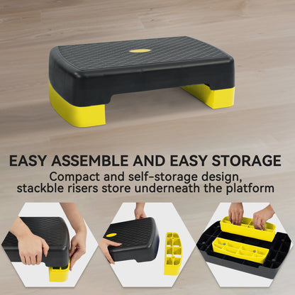 Aerobic Step Platform Adjustable Height with 2 Risers – Non-Slip Workout Stepper 18"x11", 440 LB Capacity