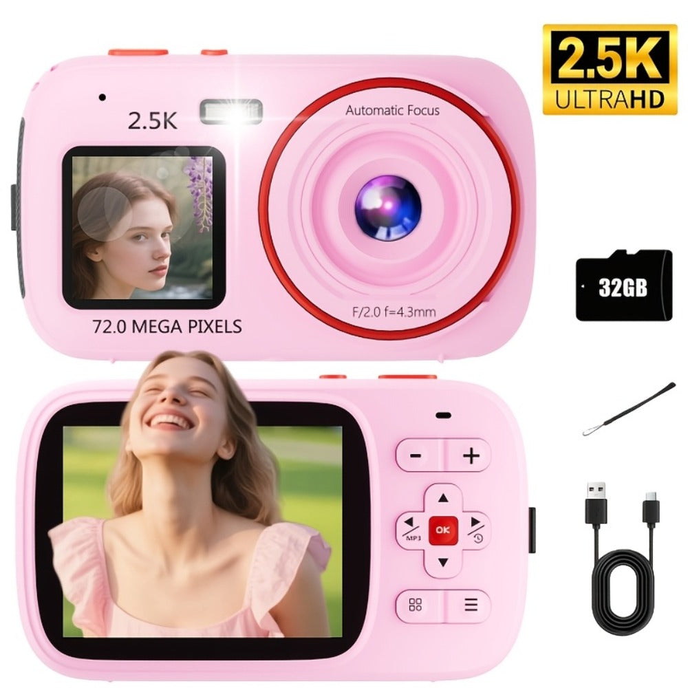 Digital Camera 2.5K Dual-Screen Compact with 72MP Capture Marking, Autofocus, Included 32GB Card and Four Colors