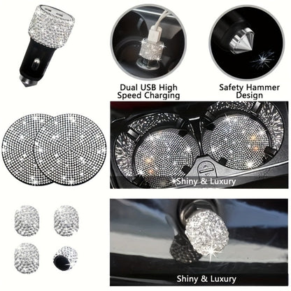 Bling Car Accessories Set 27pcs – Glitter Steering Wheel Cover 15 Inch, Bling License Plate Frame, Phone Holder & Car Coasters for Women