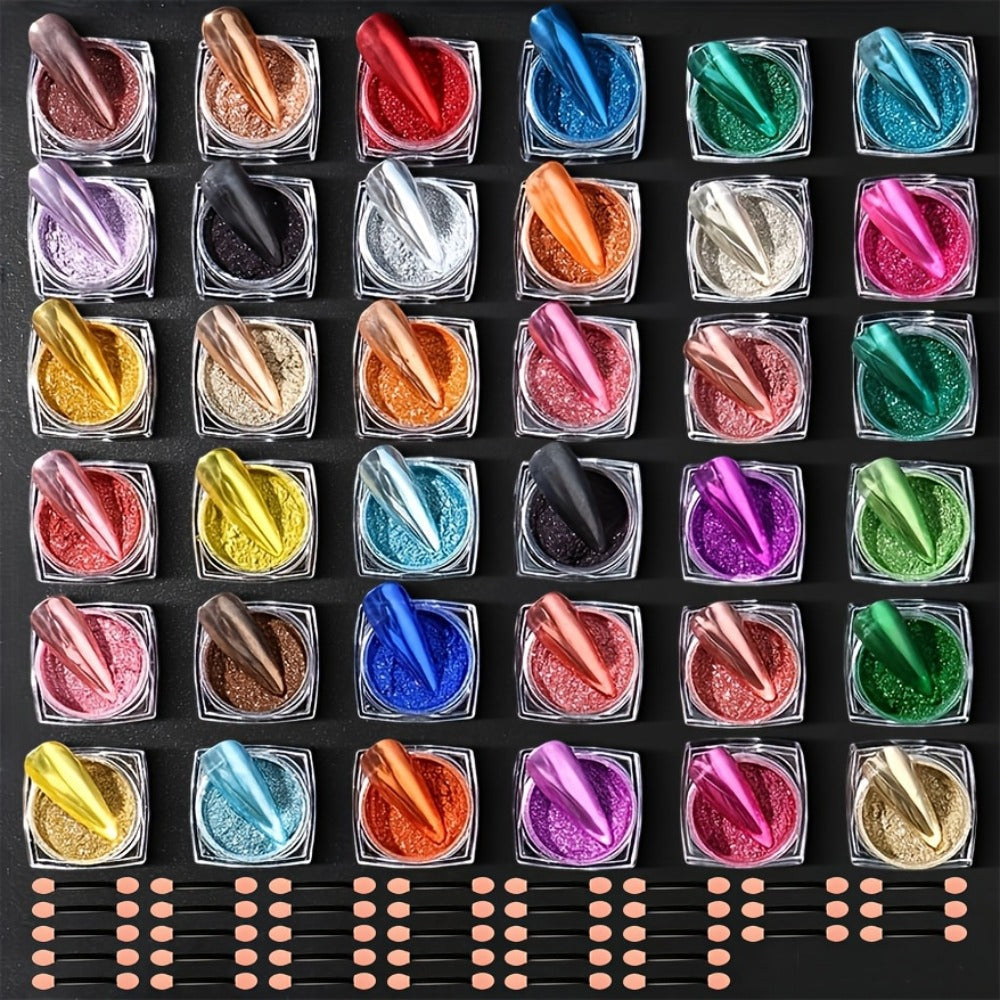 Chrome Holographic Nail Powder Set 36 Colors, Mirror Chrome Glitter Pigment Dust Kit for Gel Nails Acrylic