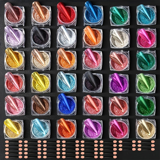 Chrome Holographic Nail Powder Set 36 Colors, Mirror Chrome Glitter Pigment Dust Kit for Gel Nails Acrylic