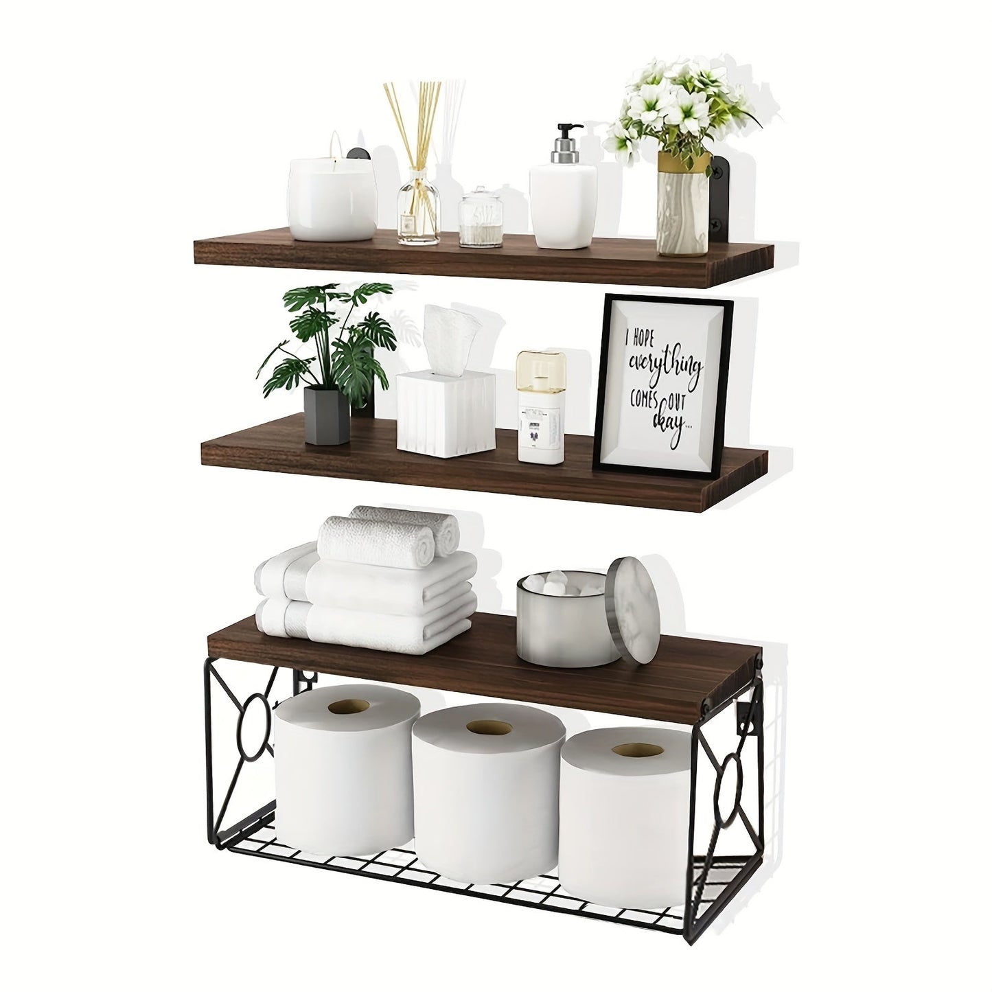 Floating Shelves Over Toilet 3-Piece Set, Farmhouse Bathroom Wall Mounted Storage Shelf for Toilet Paper