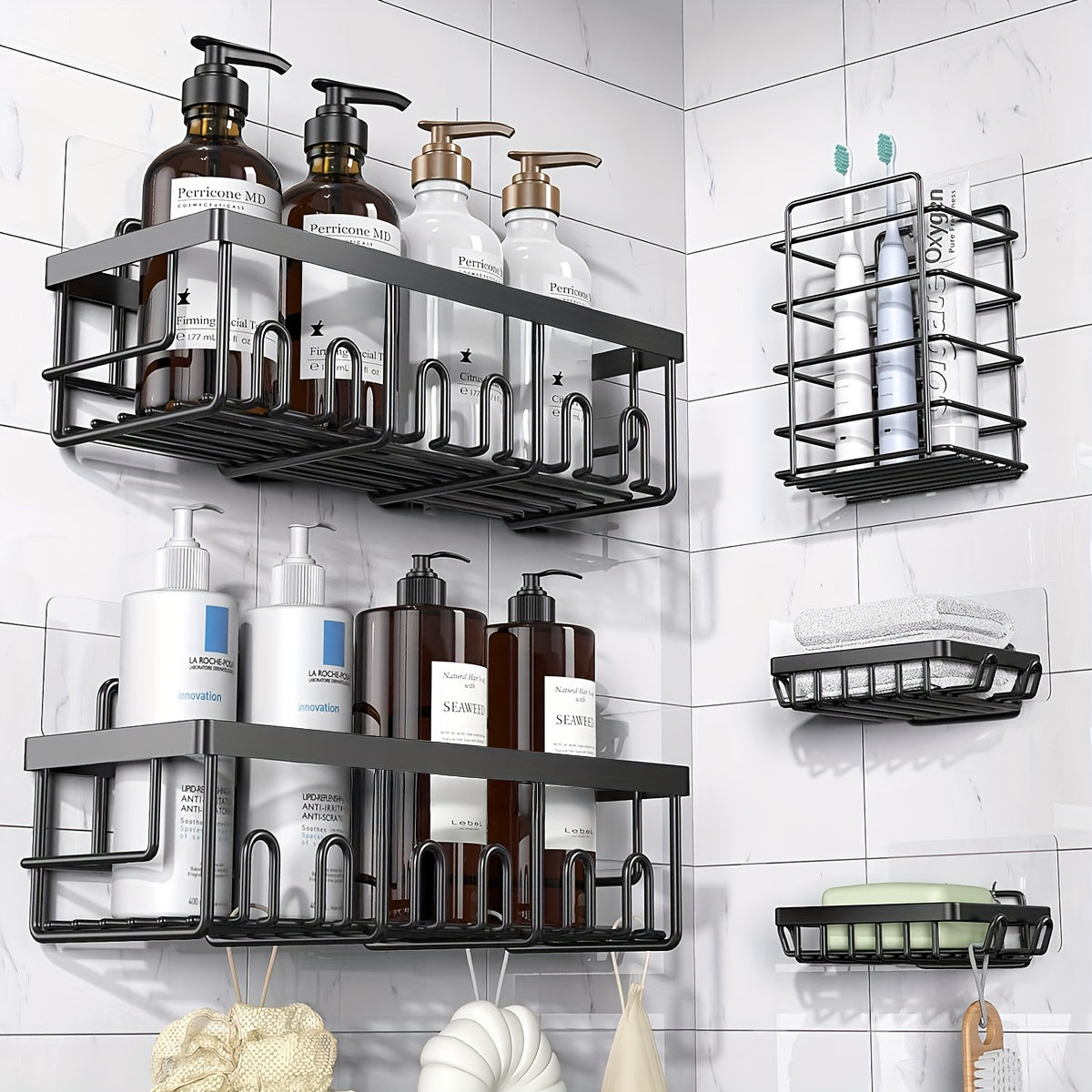 Shower Caddy Organizer 5 Pack Adhesive Rustproof Stainless Steel Shower Shelves with Soap Holder No Drilling Bathroom Storage Rack