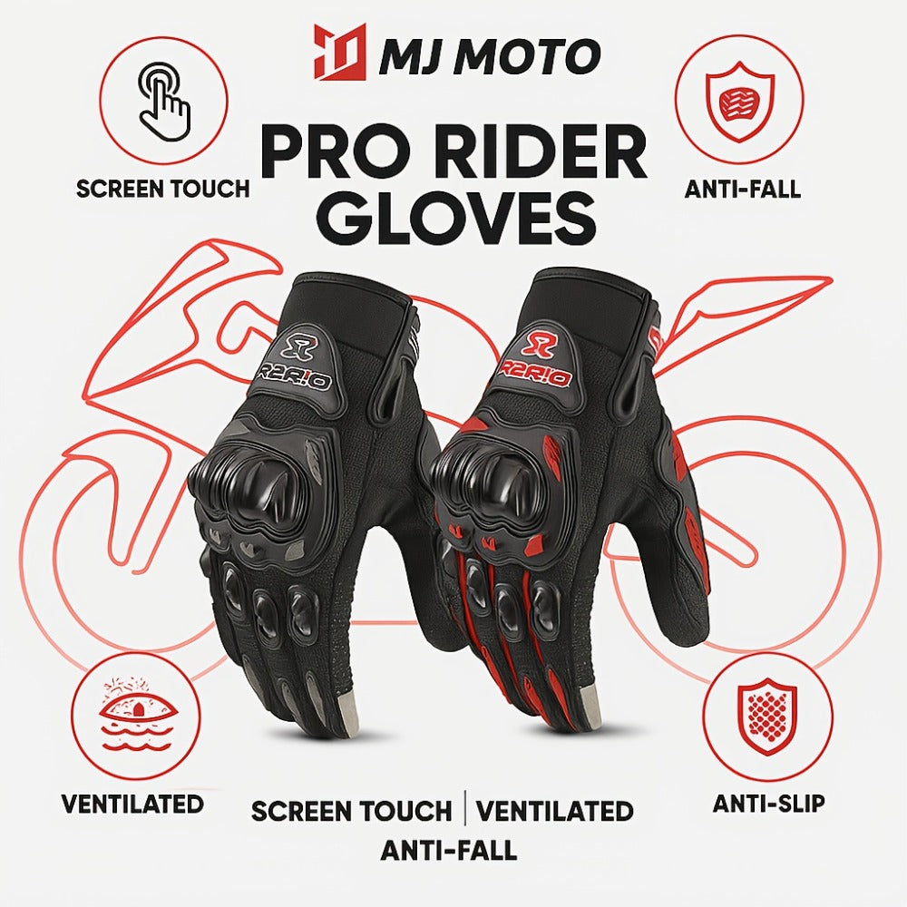 Full-Finger Motorcycle Gloves with Segmented Knuckle Shell, Wrist Tabs, Black or Red in M to XL