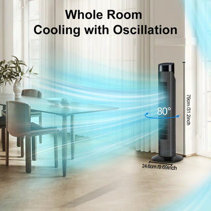 Tower Fan 31 Inch Bladeless, 80° Oscillating Standing Fan with Remote Control, 7.5H Timer & 3-Speed Settings